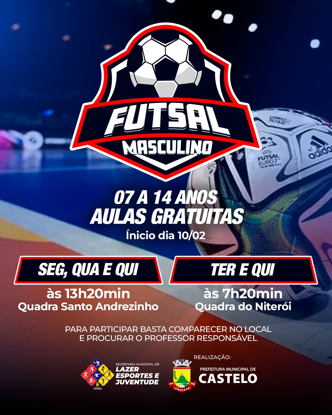 Projeto Futsal Masculino: aulas gratuitas para crianças e adolescentes