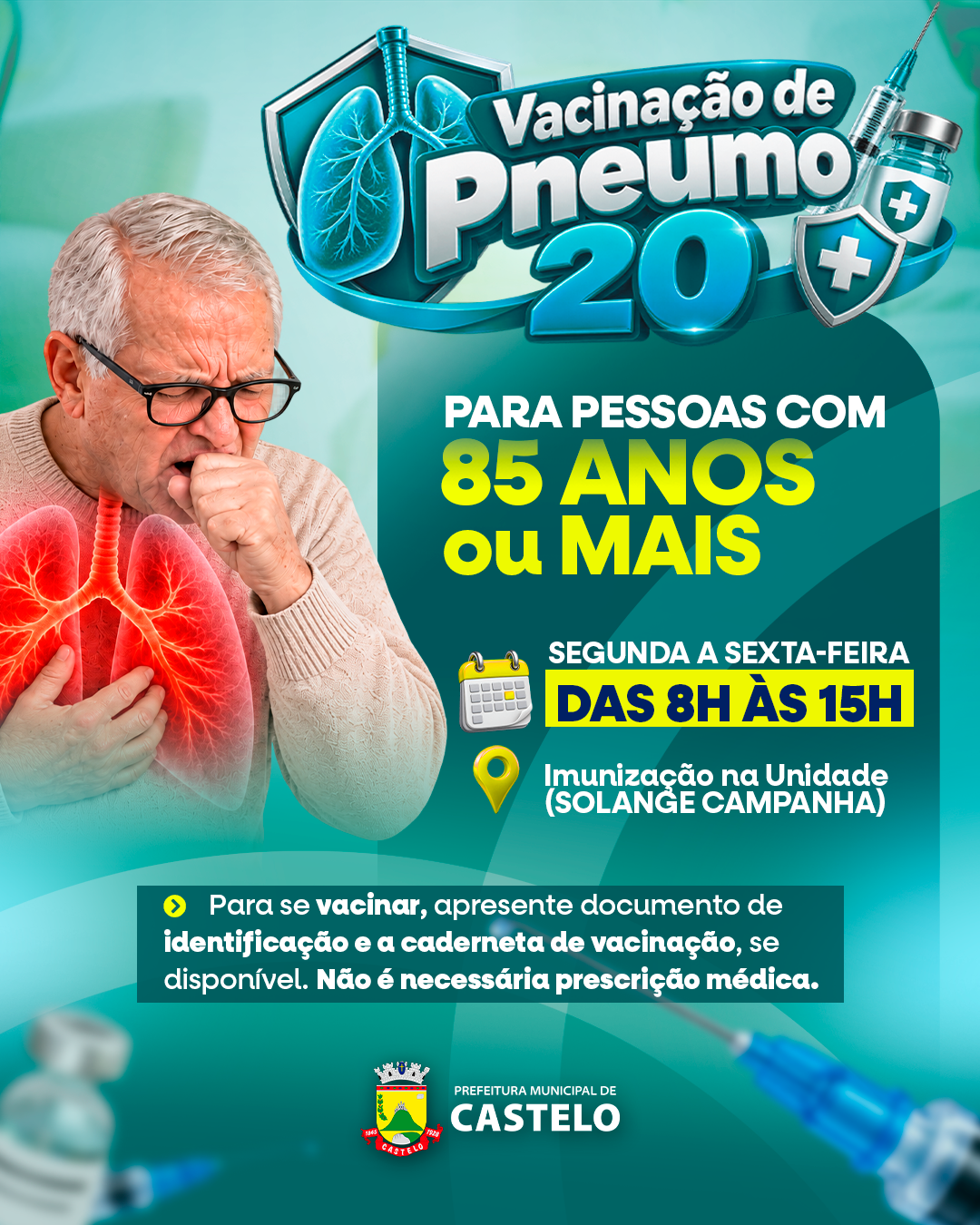 Saúde amplia vacinação com Pneumo 20 para pessoas com 85 anos ou mais